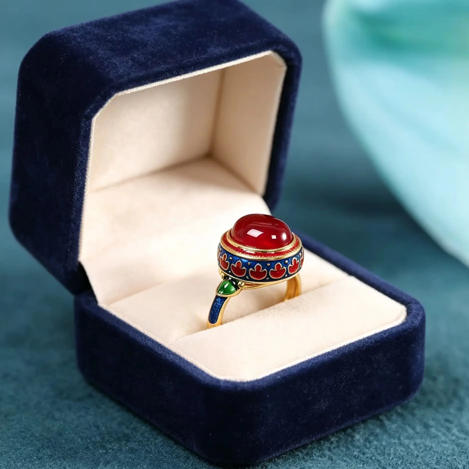 

Original ancient gold craftsmanship natural carnelian rings for women flower enamel national style light luxury Wedding jewelry