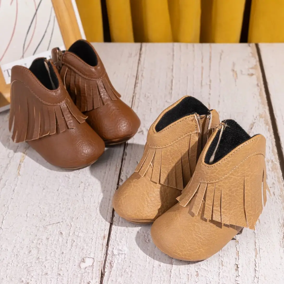 

KIDSUN Newborn Soft Sole Warm Baby Shoes Indoor Tassel Side Zipper Bed Shoes Toddler Winter Boots For Girl Boys 0-18Months