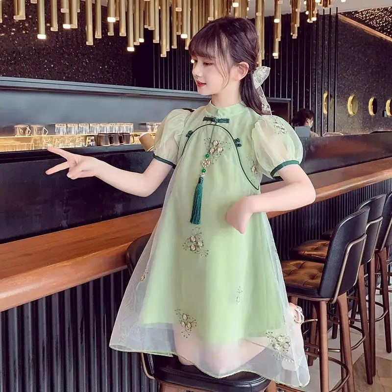 Girls Summer Cheongsam 2026 Short Sleeve Retro Princess Dress Baby Chinese Style Dress Fashionable Stylish