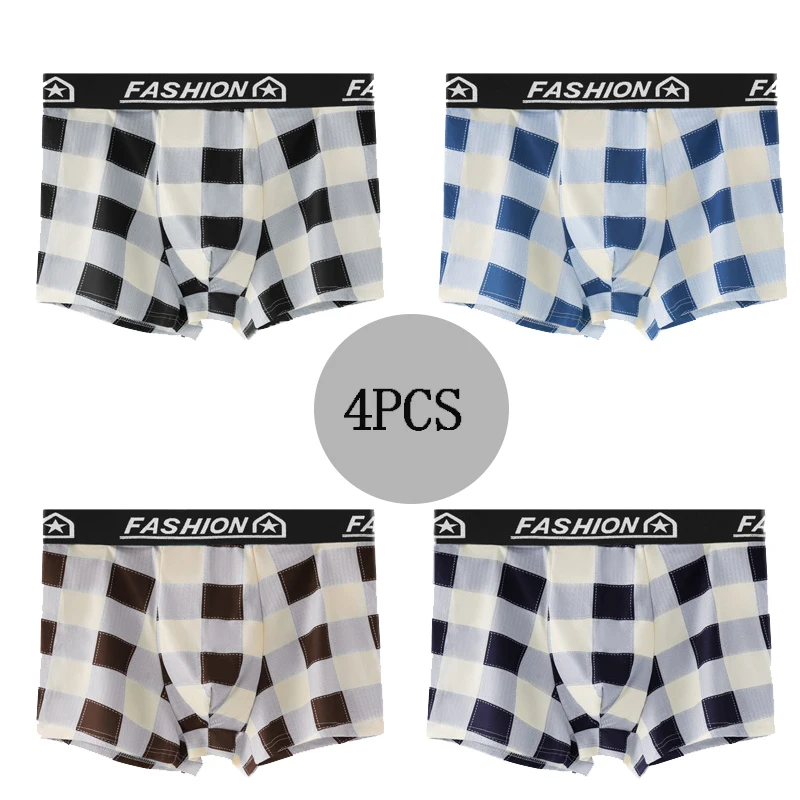 

4 шт. мужские трусы-боксеры U-выпуклые клетчатые трусы с принтом контрастного цвета, нижнее белье, дышащие антисептические повседневные мужские трусы со средней талией