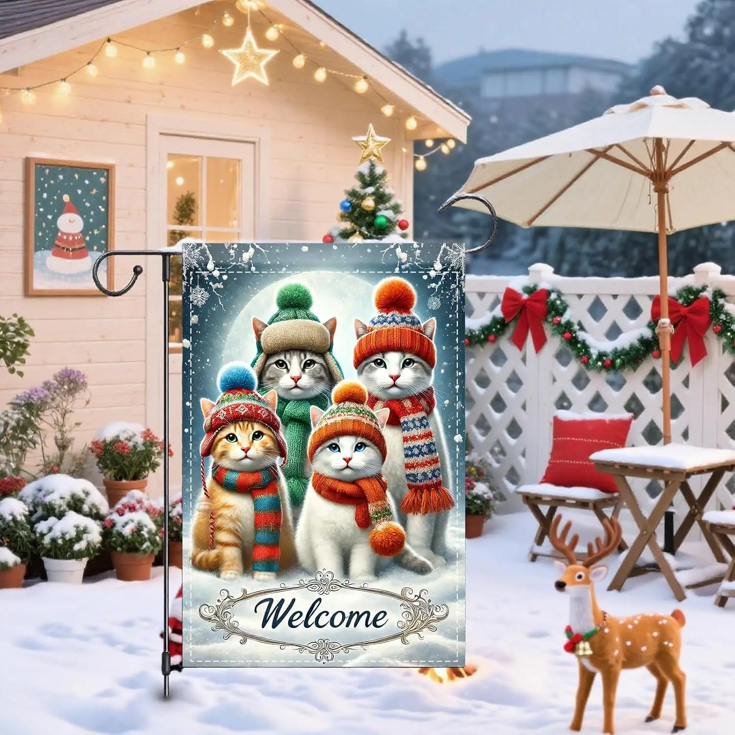 Winter Garden Flag 12x18 Inch - Winter Hat Cats “Welcome” Scene Decorative Flag - Double - Sided Polyester, Fade Resistant f jjp