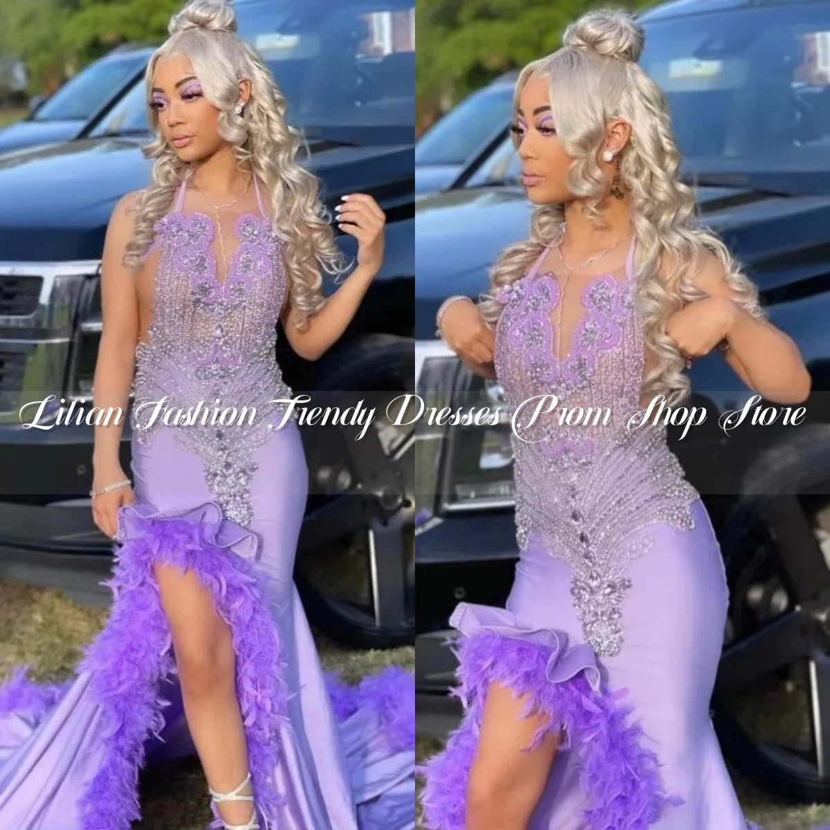 Lilac Purple Mermaid Prom Engagement Dress for Women Luxury Diamond Crystal Feather Slit Evening Pageant Gown Gala 2025 Custom