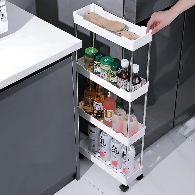 

3/4 Tier Movable Gap Storage Rack Rolling Utility Cart Storage Shelf Kitchen Bathroom Slim Slide Organizer Shelf Livingroom