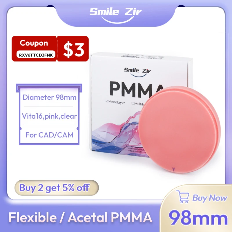 smile_zir Dental Acetal Flexibele PMMA Blokken Schijf Roze Heldere Kleur voor Tandtechnisch Laboratorium 98mm CAD/CAM Open Systeem Tandheelkunde Materialen