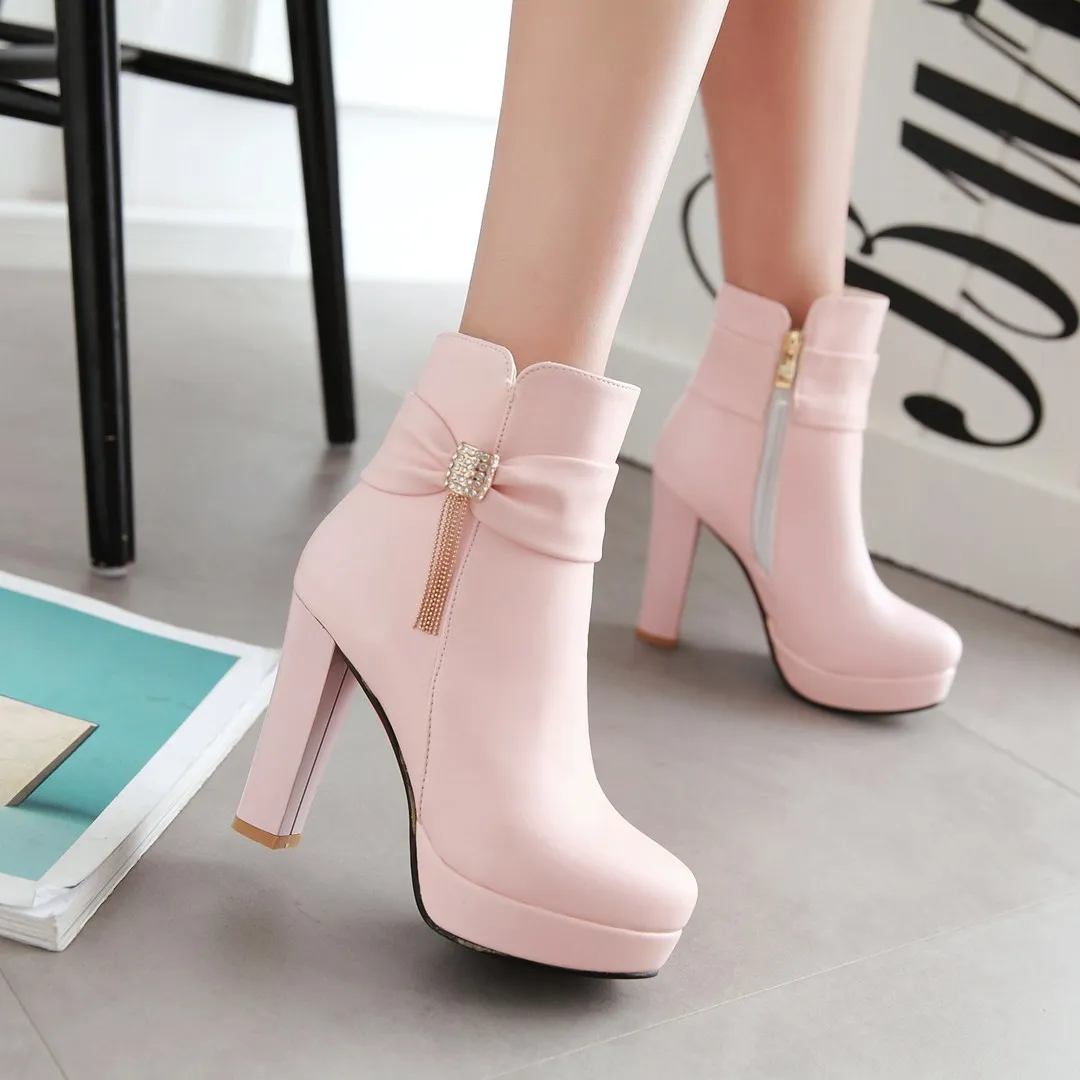 Brand Ankle Boots For Women Platform Fashion High Heel Short Boot Large Size Zipper Autumn Winter Black White Pink Women Shoes