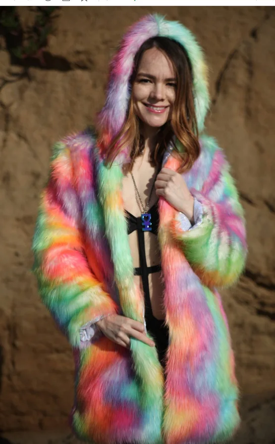 2021 New Colorful Men's and Women's Long Hooded Imitation Fur Coat Colored Fox Fur Thickened Fur Integrated Coat