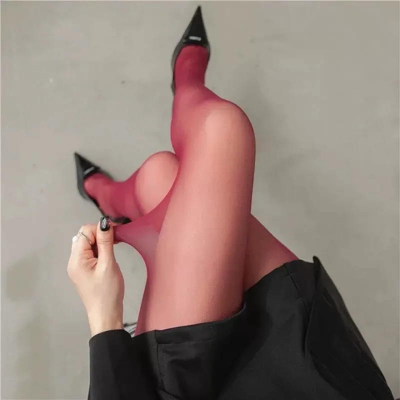 Female Sexy Wine Red Leggings Ultra Thin Translucent Elastic Women Silk Dark Red Tights Sheer Seamless Pantyhose Lady Medias