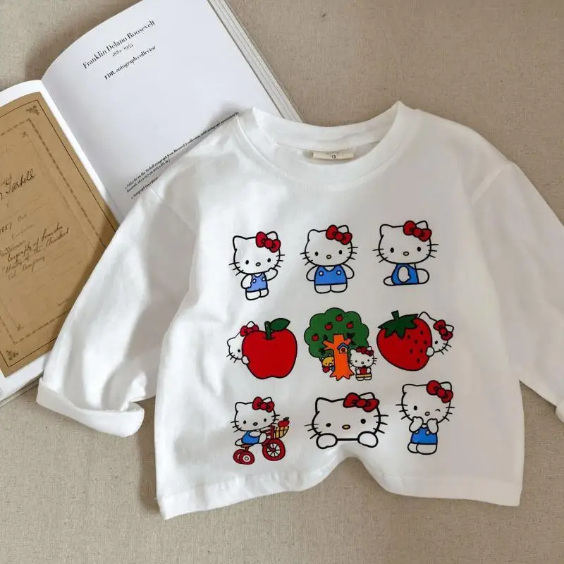 سانريو كورومي أنيمي فتاة القطن الخالص تي شيرت طويل الأكمام ملابس الأطفال الصبي الطفل سترة كيتي القط الخريف قاعدة قميص 2025