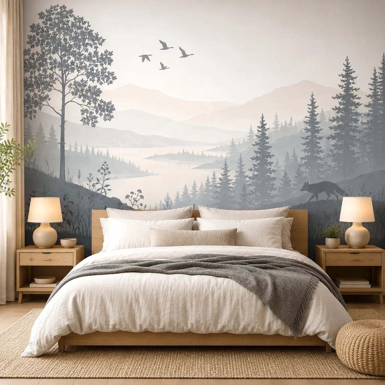 Watercolor Mountain Forest Fox Wall Mural, Lake & Pine Tree Background Wall Decor, Requires Glue Installation