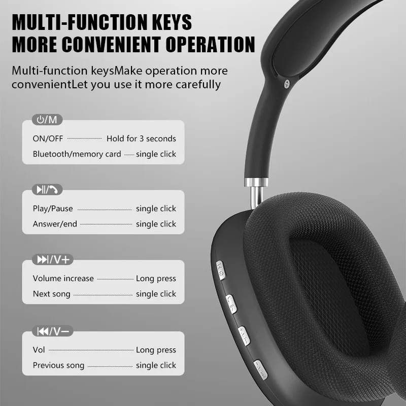 New P9 Wireless Bluetooth Headphones Noise Cancelling with Microphone Pods Over Ear Sports Gaming Headset for Apple iPhone image 5