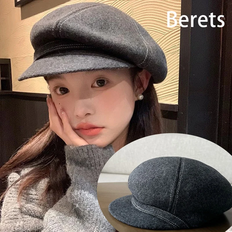 

New Autumn Winter Wool Patchwork Newsboy Cap Designer Brand Berets Outing Warming Bucket Hat Women Elegance Stitch Dec Visor Hat