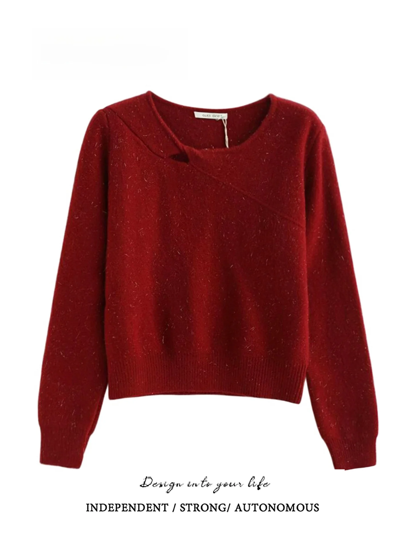 

Winter Warm Short Sleeve Women's Knitted Sweater round Neck Pullover Bright Thread Twist Hollow out Long Sleeve Top