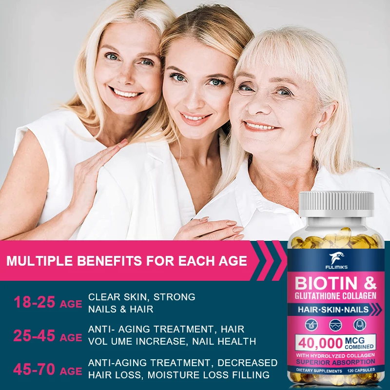 Biotin Glutathione Collagen Hyaluronic with Vitamins Complex Capsules Skin Beauty Care Antioxidant Dietery Supplement