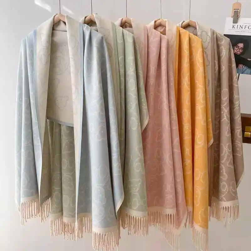 

Women's Cute Bear Printed Faux Cashmere Scarf with Tassel Korean Style Versatile Warm Shawl for Winter