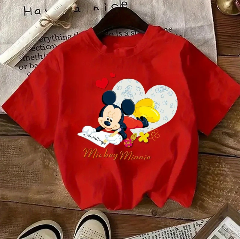 تي شيرت ديزني ميكي لوف فلاور كارتوني مطبوع، قميص كاجوال بأكمام قصيرة ورقبة دائرية، مناسب للصيف بأكمام قصيرة