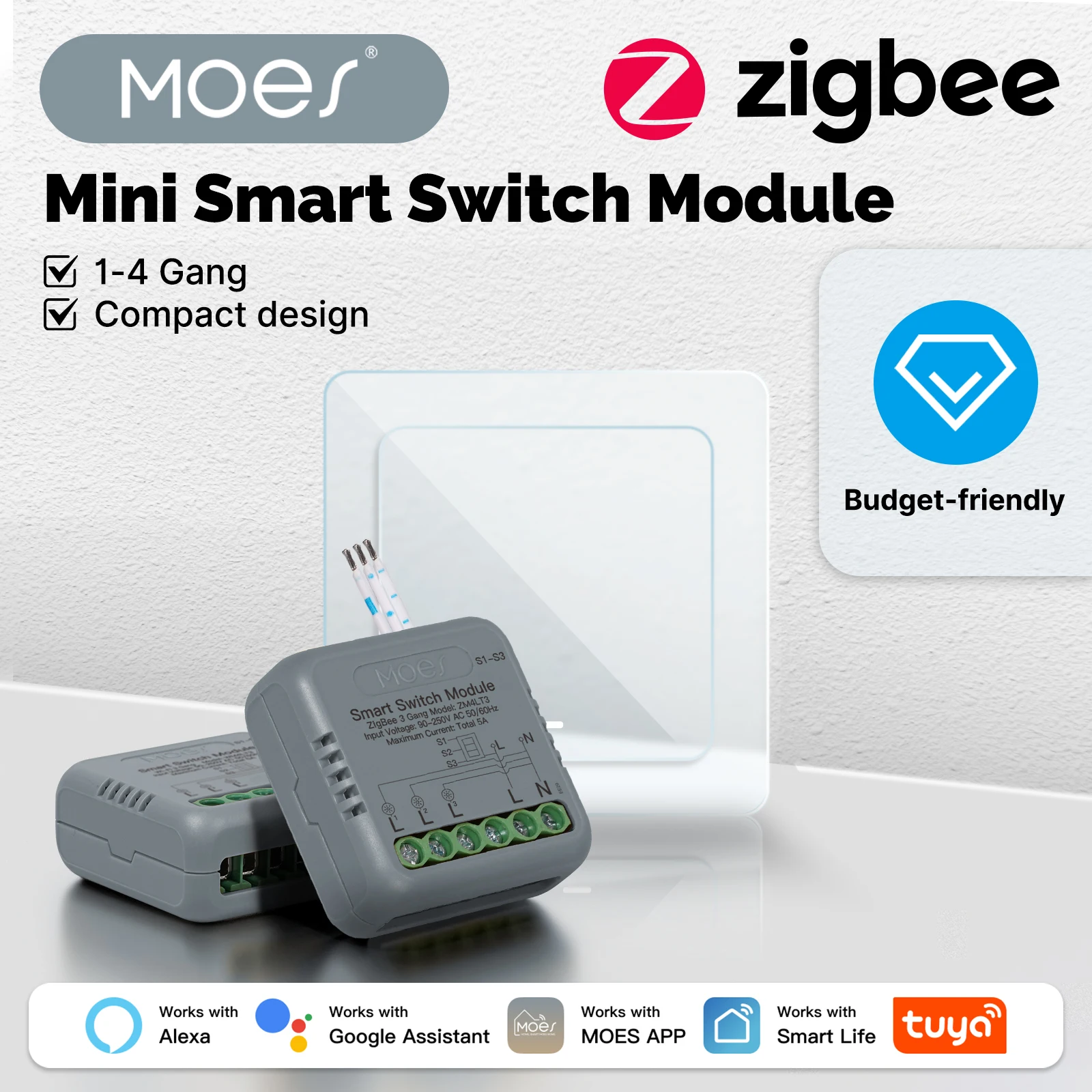 

MOES Tuya Smart WiFi/Zigbee Mini 1-4 Gang Модуль DIY Преобразование старой розетки для умного времени Голосовое управление Голосовое управление с Alexa