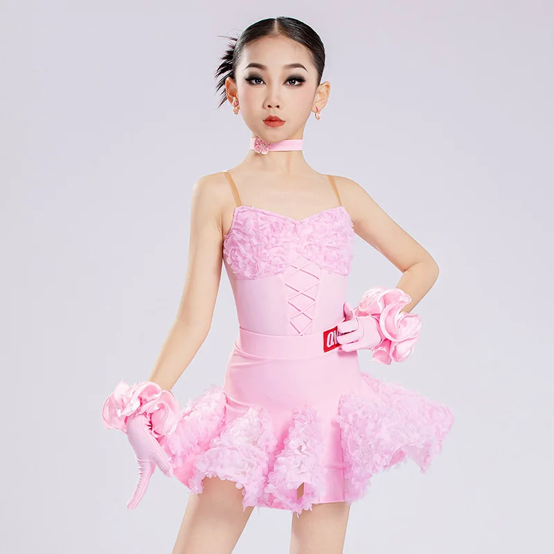 

Jacquard Strape Latin Dance Costume for Kids Girls Children's Professional Dance Bodysuit and Skirts Performance Training Wear