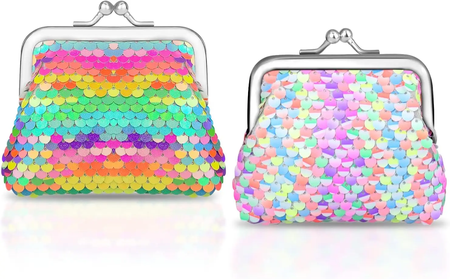 

Набор из 2 нейлоновых кошельков для монет с пайетками для женщин и девочек, двусторонний кошелек с застежкой-целовушкой, красочный чехол для мелочи, ключей, помады