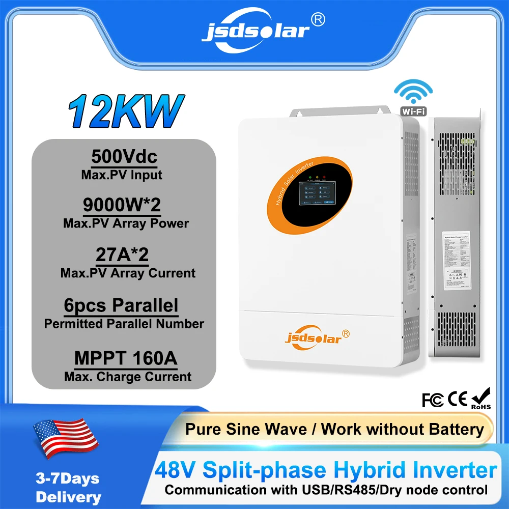 jsdsolar 12KW Solar Hybrid Inverter 48V Off/On Grid WIFI Energy Inverter 240VAC Dual MPPT 160A Solar System BMS Pure Sine Wave