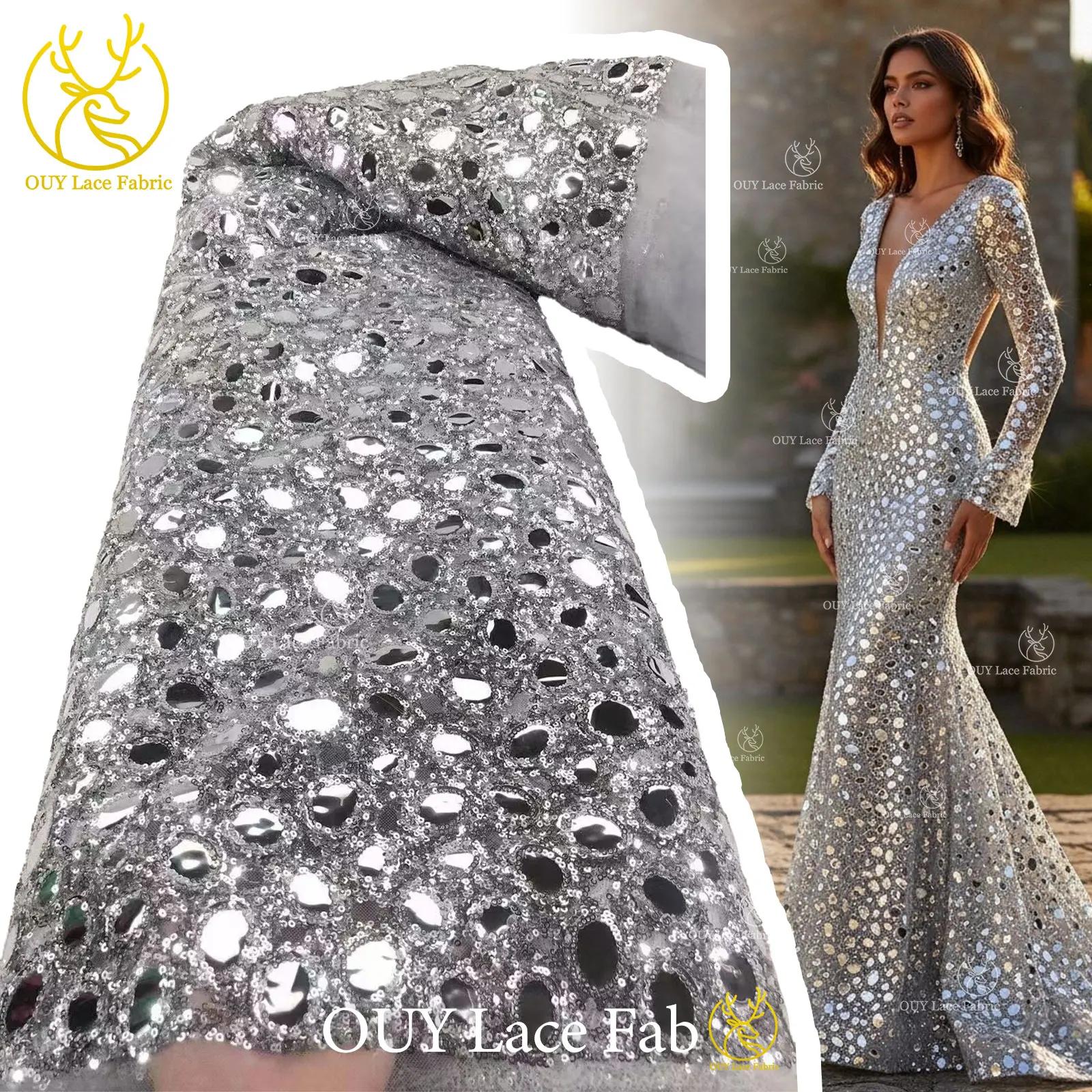 

Серебряная роскошная блестящая кружевная ткань с большими блестками, 2026, высокое качество, французская нигерийская кружевная ткань с блестками для шитья вечерних платьев