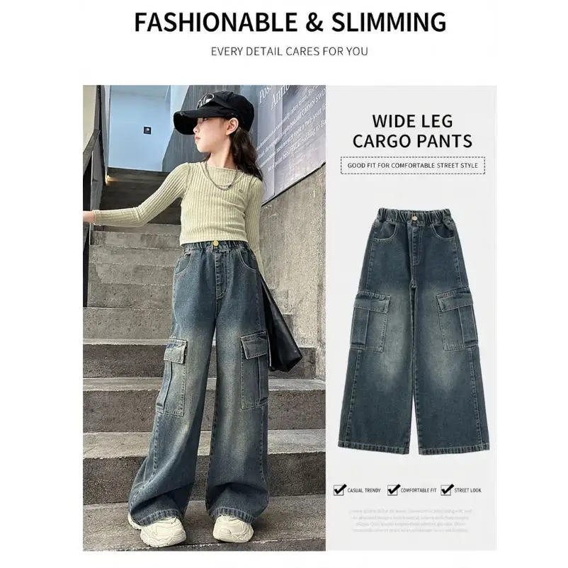 Mädchen Frühling Herbst Weitbein-Jeans 4-14 Jahre Kinder Teenager Elastische Hohe Taille Multi-Taschen Lose Lässige Streetwear-Hosen – Detail 6