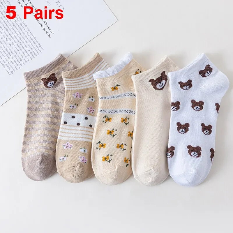 5 Pairs Cute Little Bear Female Short Socks Shallow Mouth Ins Damp Spring And Summer Thin Style Retro Tube Boat Socks