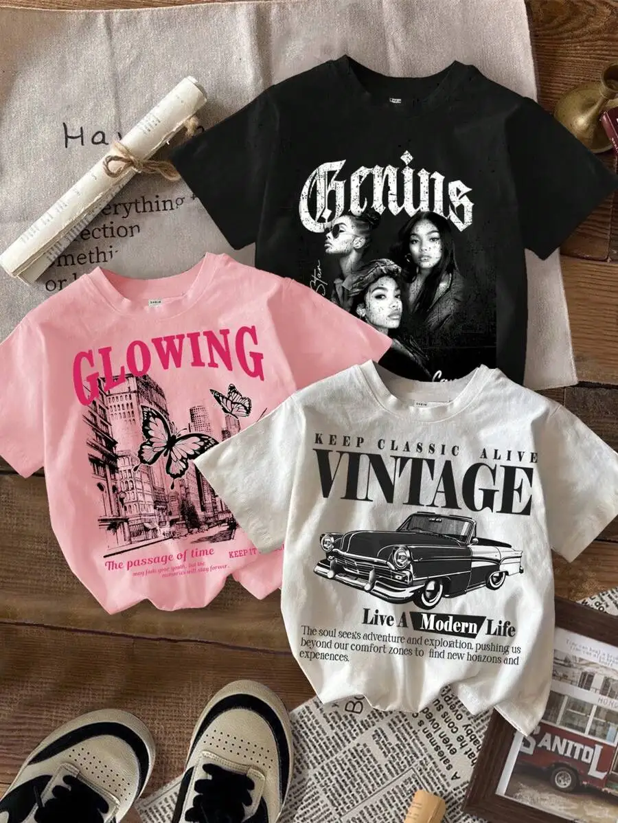 

Детские повседневные футболки с коротким рукавом и круглым вырезом, 3 шт. - белые, светло-персиковые, черные с графическим принтом