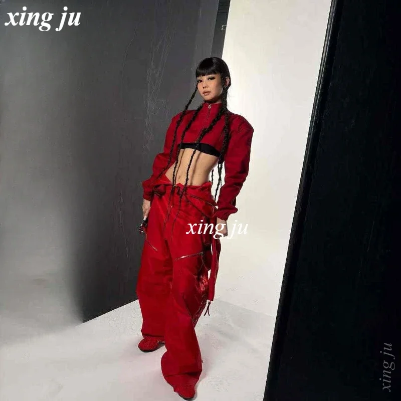 

Red Outfits Short Jackets Sexy Slim Vest Kpop Loose Jumpsuit Women Singer Jazz Dance Costume Nightclub Dj Stage Performance Wear