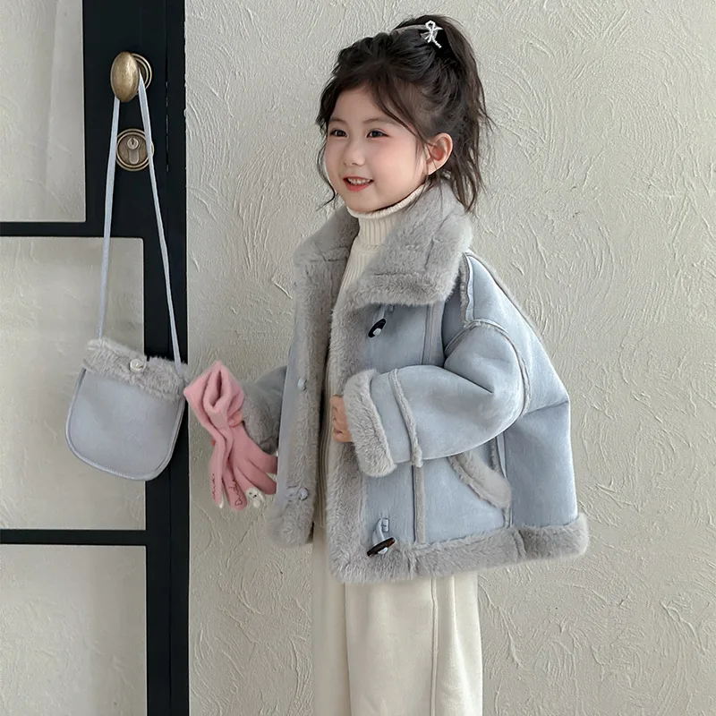 2026 Autumn Winter Baby Girls Fleece Lined Coat Thickened Kids Faux Fur Integrated Jacket Toddler Outerwear 100-140cm
