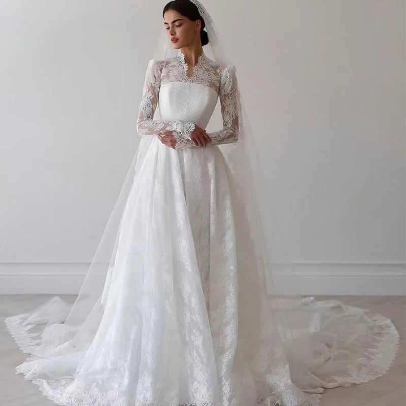 

Vintage Wedding Dress Fully Embroidered Lace With A-Line Ball Gown High-Neck Full Sleeve Customized Bride Dress Vestido De Novia