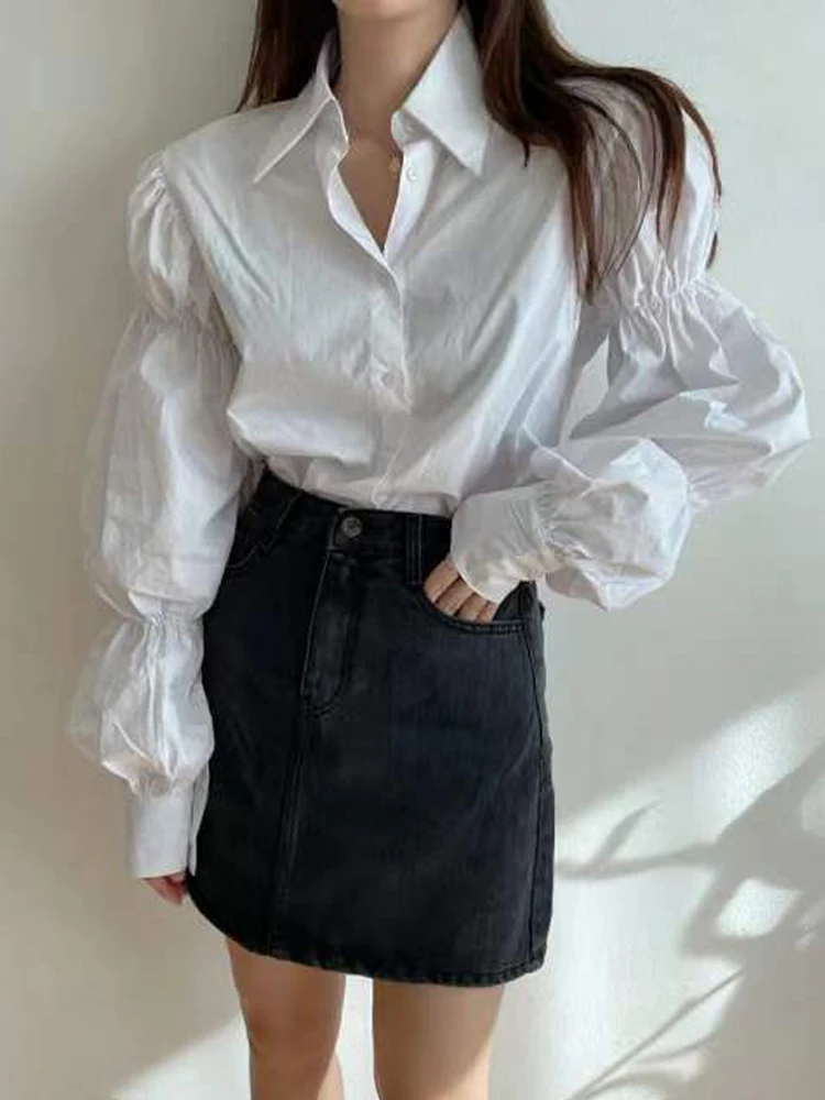 Ele Colletto bianco Lanterna Sve da donna irt Coreano Sle Design all'inizio della primavera Top lungo con strato base Sve