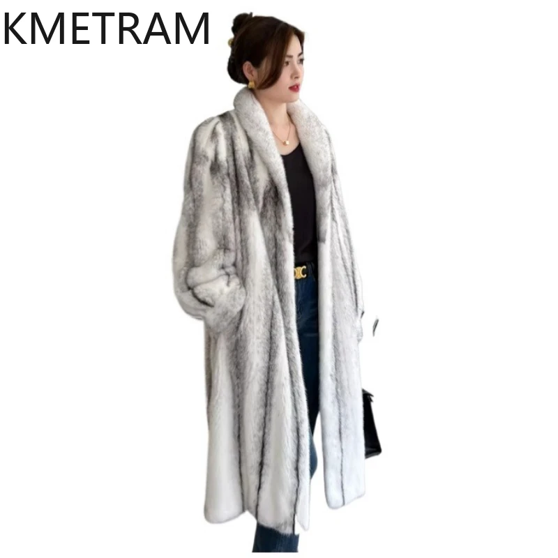 KMETRAM, chaqueta de piel de visón cruzada de 100% de terciopelo púrpura para mujer, abrigo largo de lujo de piel de visón auténtica, ropa de invierno para mujer, 2025 шу onder