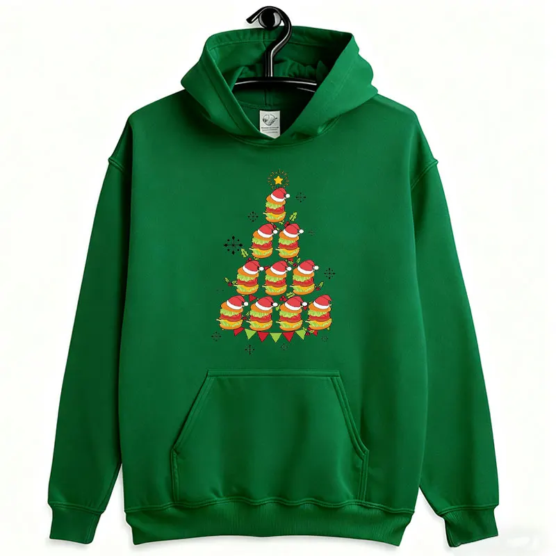 مضحك برغر شجرة عيد الميلاد للجنسين البلوز عشاق شجرة عيد الميلاد هوديي الرجعية الوجبات السريعة العصرية عيد الميلاد تشيز برجر البلوز