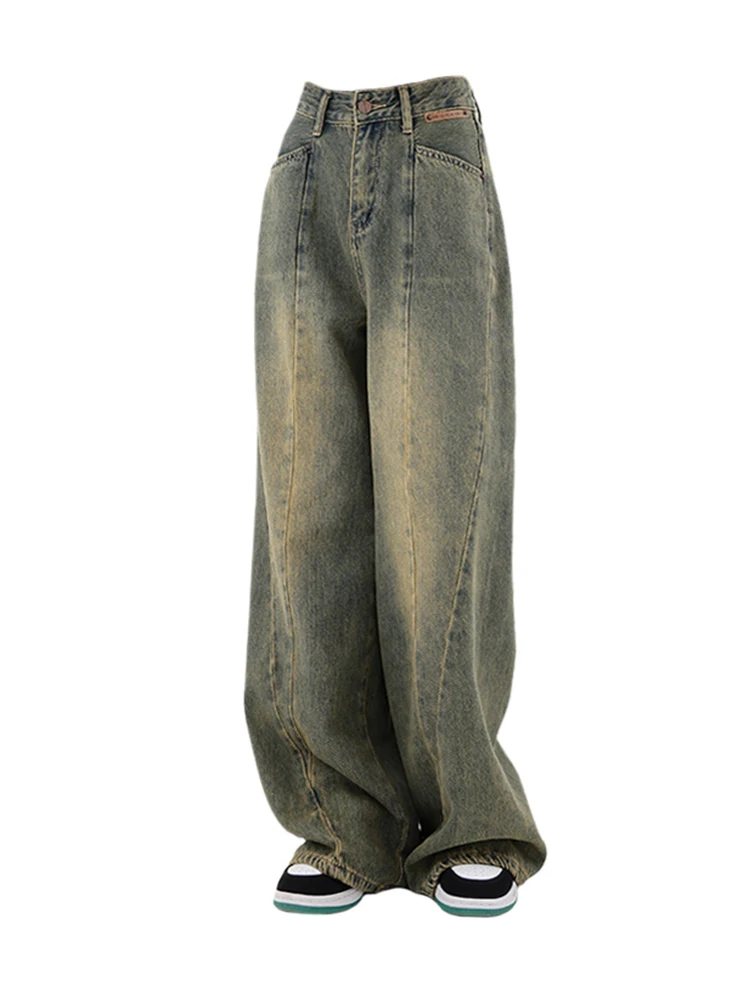 

2000s Retro Wash Blue Women Denim Pants High Waist BF Straight Casual Jeans Female Y2K Full Length Trousers Hip Pop Wide Leg