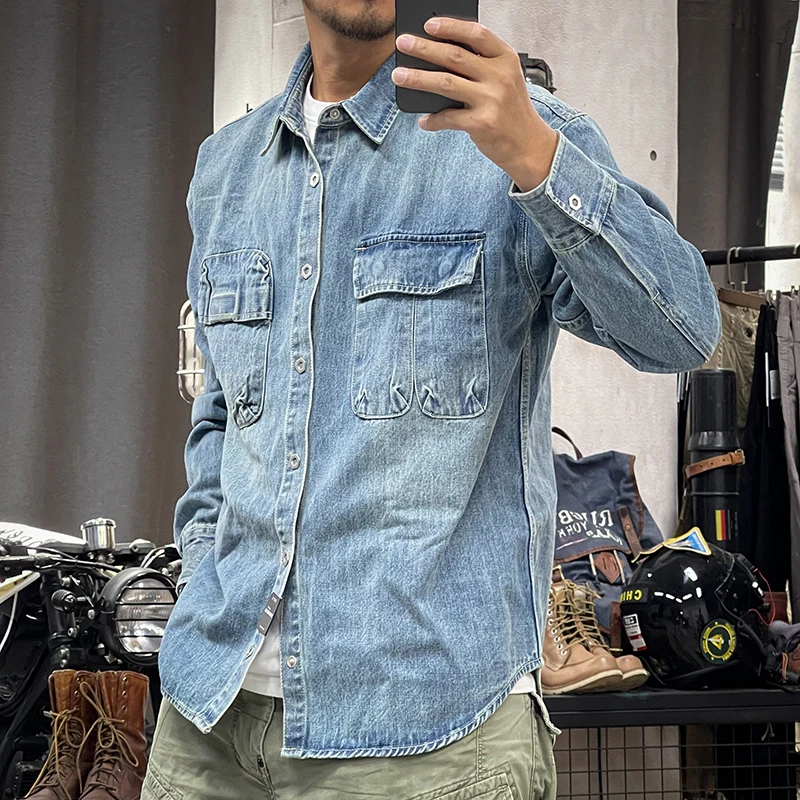 Spring and autumn new American vintage heavy wash vintage color pocket loose denim shirt coat shirt for men