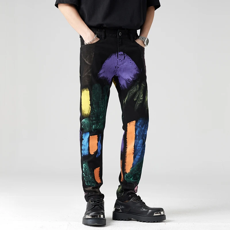 2024 New Independent Design American Street Printing Contrast Color Jeans Men's Retro Washed Y2K Slim-Fit Straight Trousers