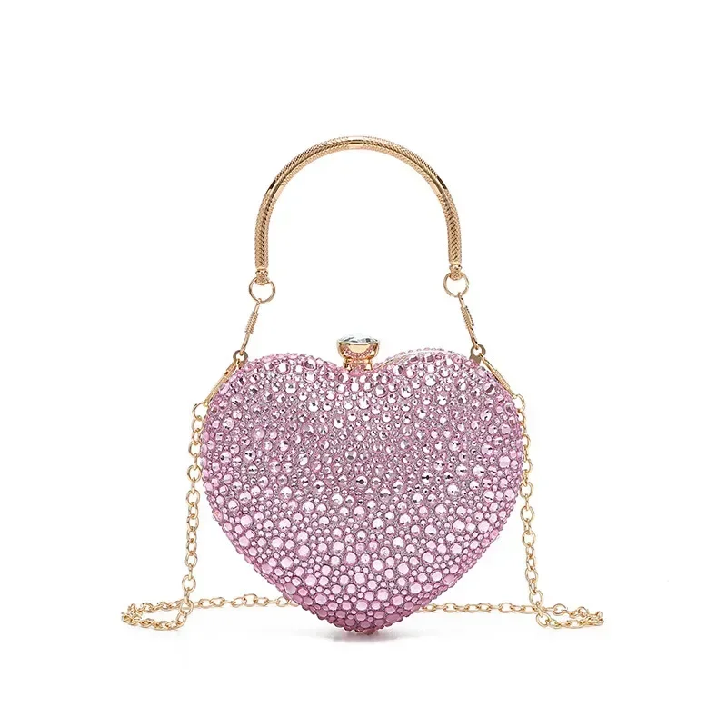 Luxury Diamond Inlay Heart Shape Crystal Clutch Purse Stones Evening Wedding Party Shoulder Bag Handle Rhinestone Mini Handbags