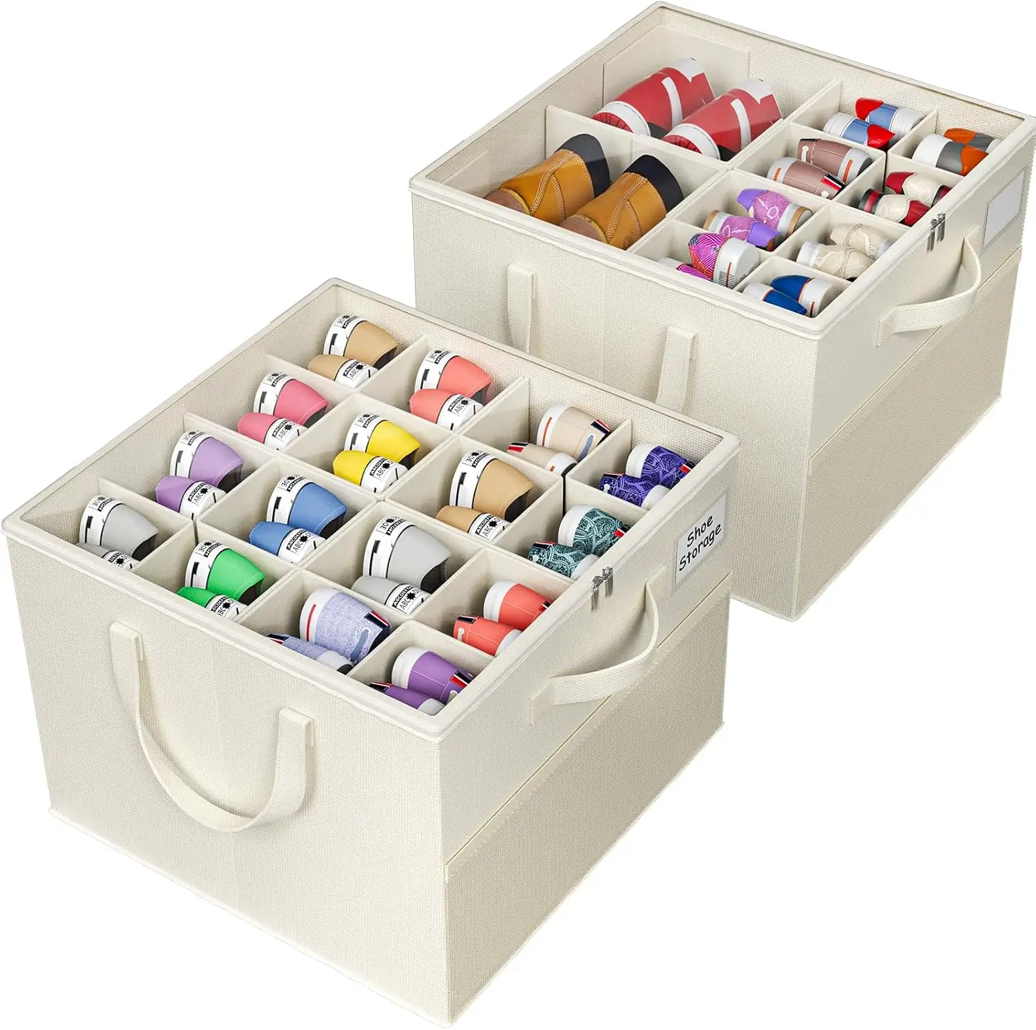 

Foldable Shoe Storage Box with Adjustable Dividers and Clear Cover, Space Saving Organizer for Closet, Beige