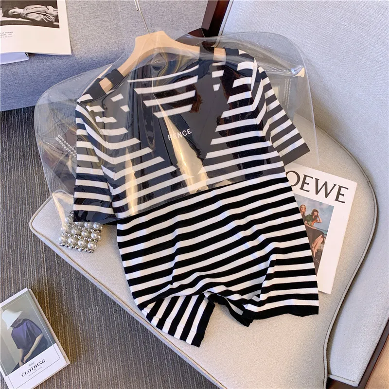 2023 Summer Korean Clothes Fake Two Pieces Cotton T-Shirt Chic Sexy O-Neck Hollow Out Stripe Women Tops Short Sleeve Tees