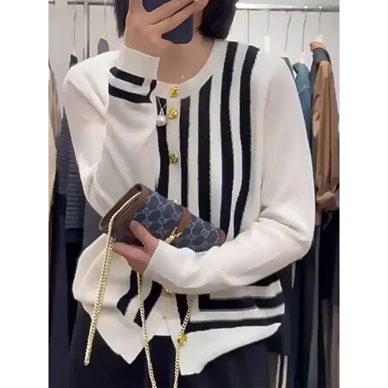 Autumn Winter Vintage Striped Patchwork Loose Casual Cardigan Sweater Female Long Sleeve All-match Knitted Coat Women Jacket Top