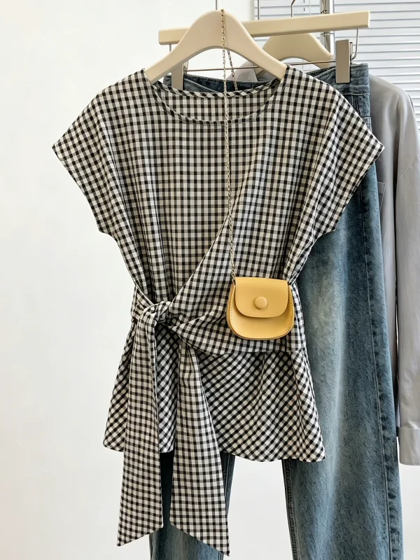 Korean Plaid Short Sleeve Shirt Women's Summer New Large Size Fat MM Anti-aging Small Shirt Waist Cinching Top