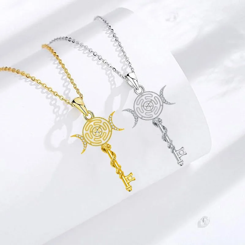 Hekate Wheel Necklace for Women Men 18K Gold Plated Snake Key Triple Moon Goddes Pendant Necklaces Pagan Jewelry