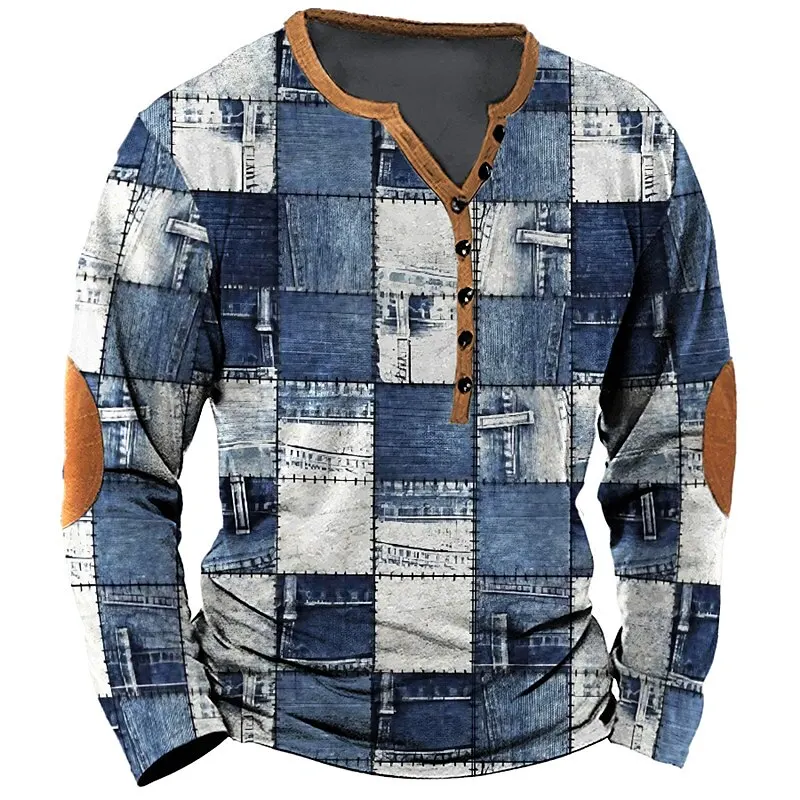 Patchwork Denim Vintage T-Shirt For Men Patchwork Grid Graphic T Shirts  3D Printing Long Sleeve Tee Oversized Man Clothing Tops