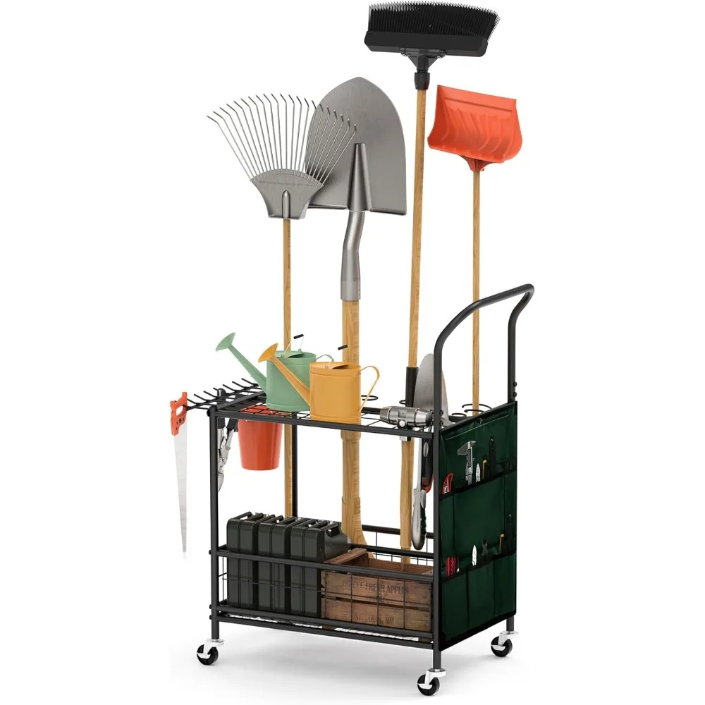 

Garden Tool Organizer with Wheels and Storage Hooks, Yard Tool Organizer for Garage, Garden Tool Stand, Corner Garden Tool Rack