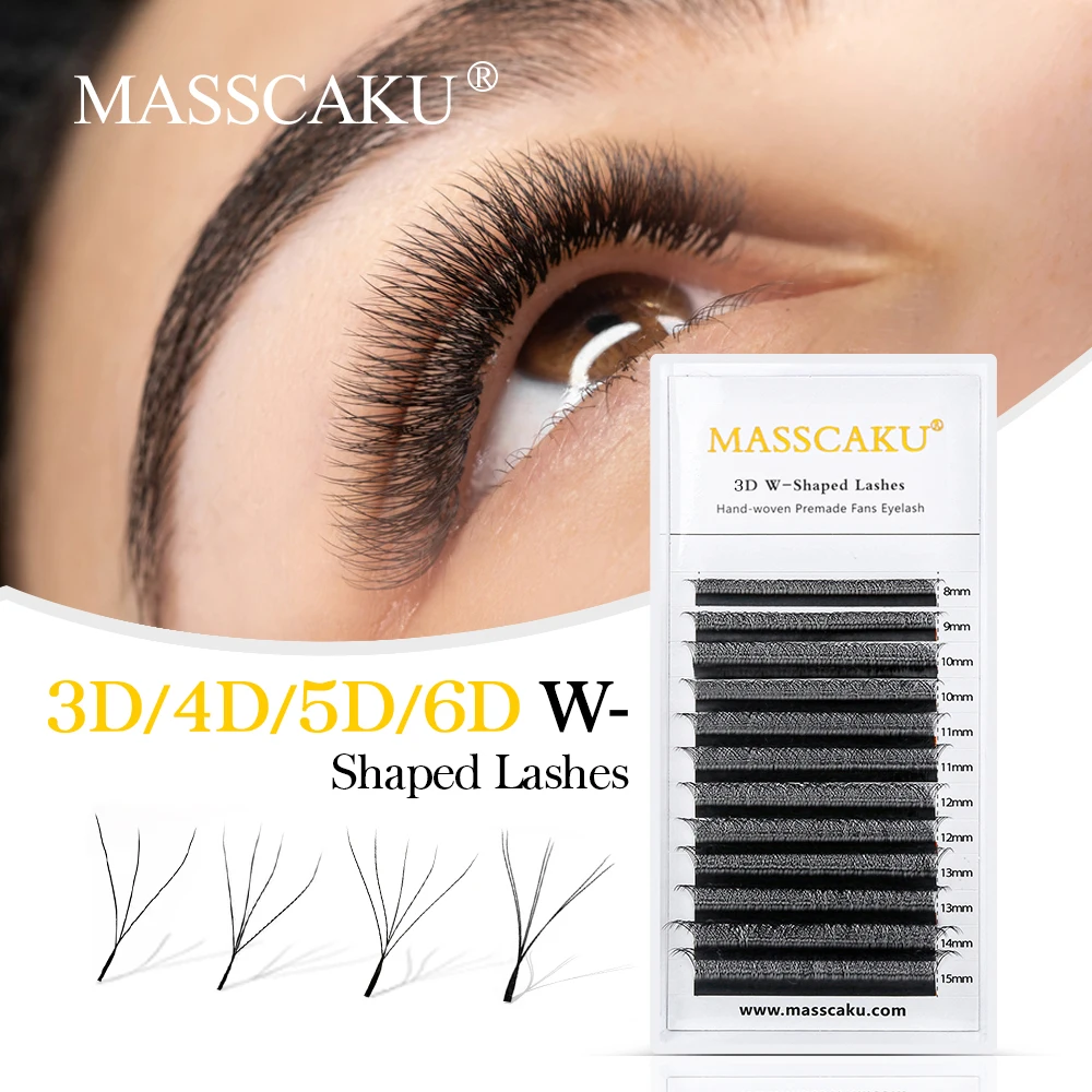 

MASSCAKU W Shape Volume Eyelash Extension Matte Black Individual Faux Mink Eyelashes 3D 4D 5D Clover Lash Private Label Custom