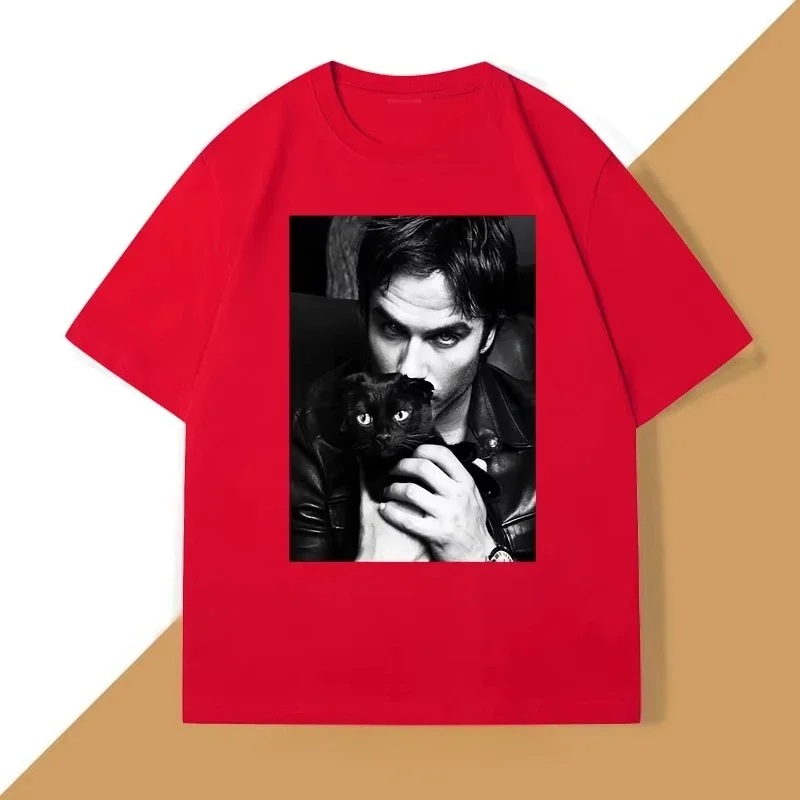Damon Salvatore TV Drama Cat Graphic Tshirt for Women Clothes Retro Gothic Tops Sleeve Harajuku Sleeve Casual Aesthetic Clothes