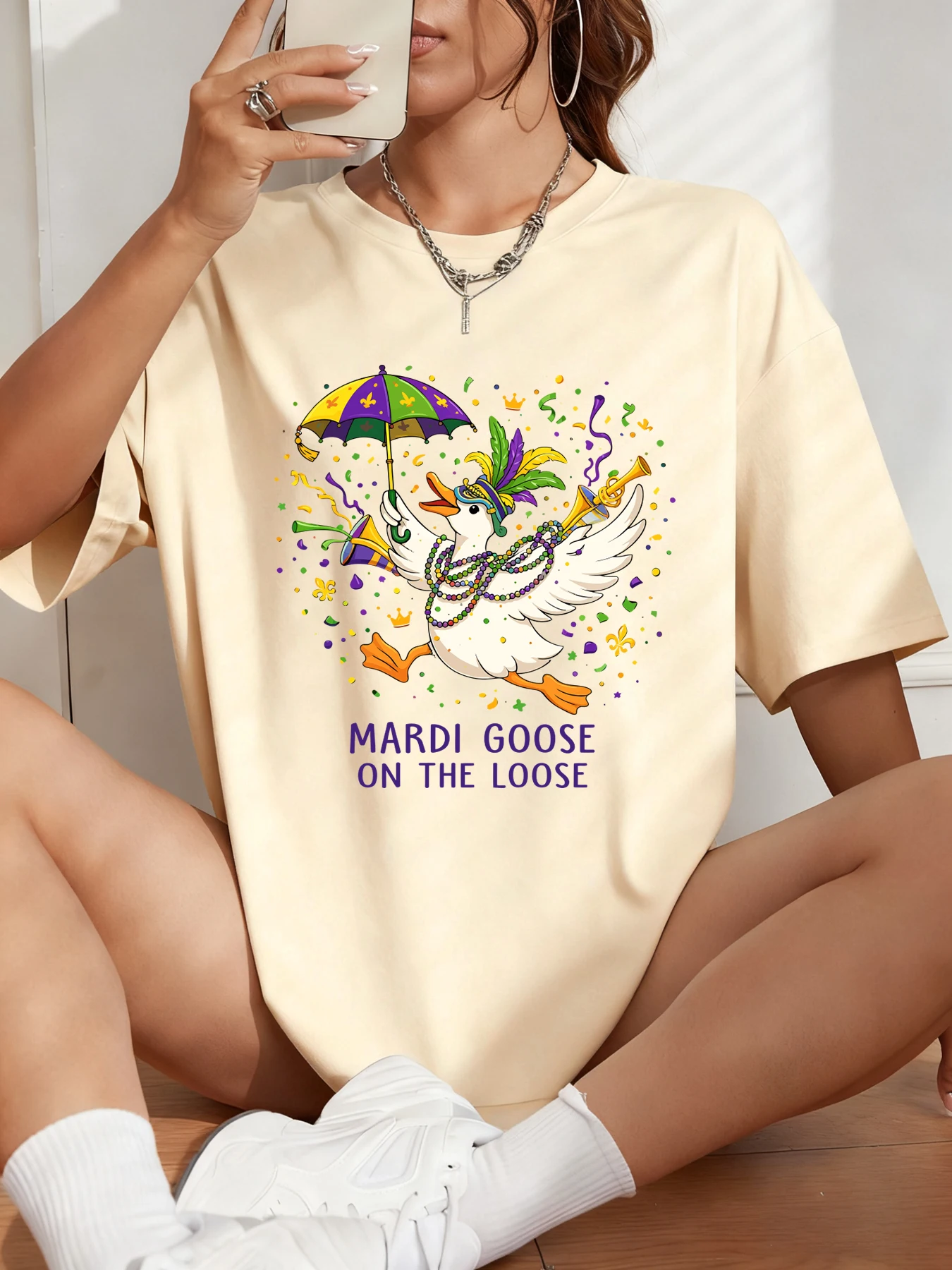 

Happy Carnivals Mardi Goose Print Womens T Shirts Cotton Casual T-Shirt Summer O-Neck Clothes Fashion Oversized Woman Sportswear