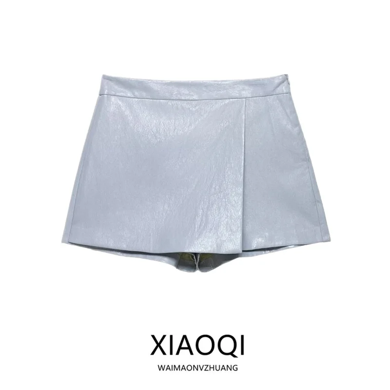 Spring 2026 High Waist Casual Commuter Faux Leather Double Breasted Skirt Pants Women's Fashion New Arrival A-Line Skirt
