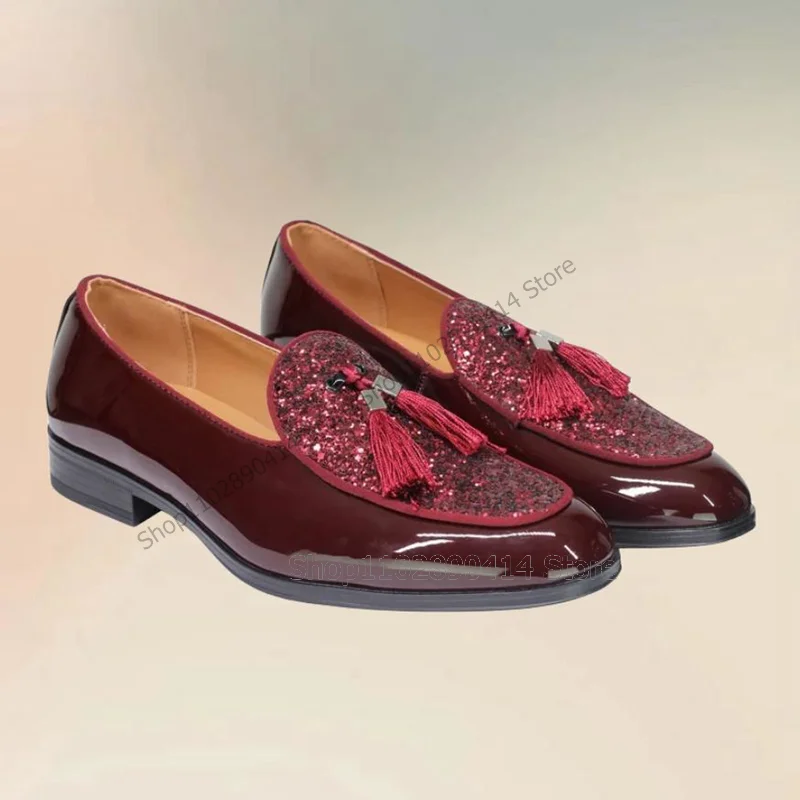 

Red Patchwork Tassels Sequins Patent Leather Loafers Fashion Slip On Men Shoes Luxurious Handmade Party Banquet Men Casual Shoes