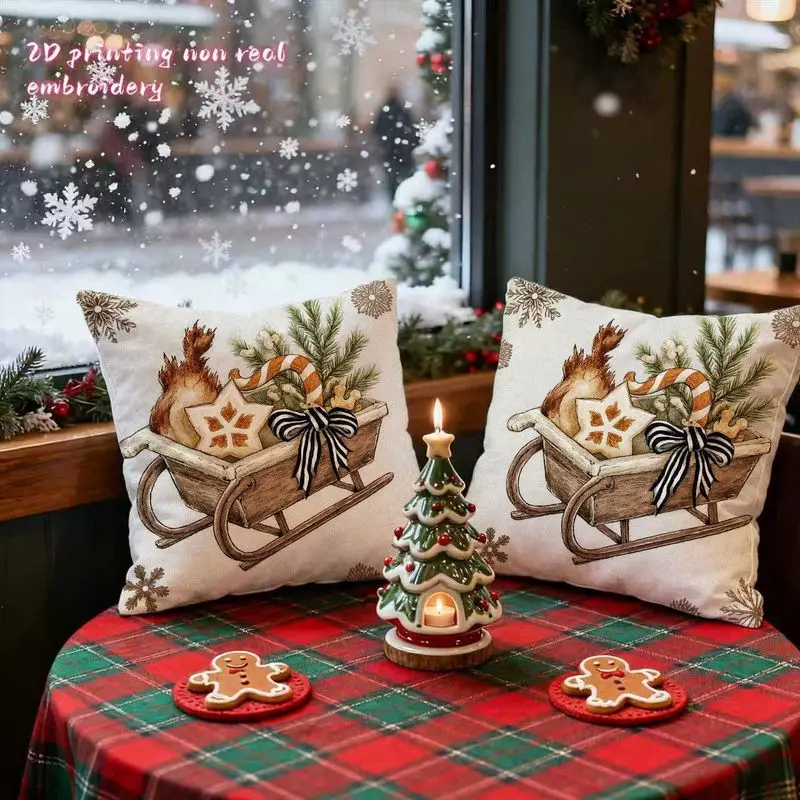 2pcs Christmas Squirrel Gingerbread Plaid Throw Pillow Covers - Winter Snowflake Pinecone Reindeer Sleigh Decorative Case